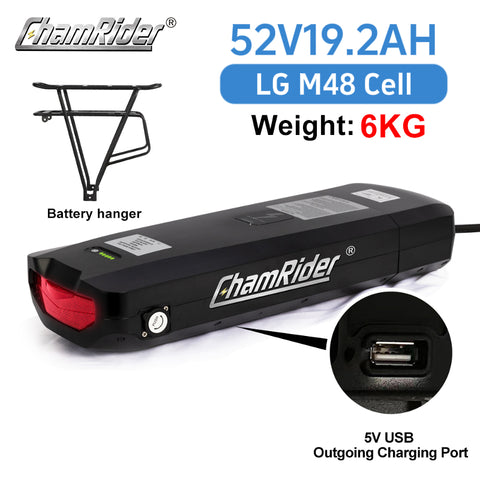 36V 48V 52V ChamRider Rear Frame E-bike Battery Lightweight Battery Model A Ebike Battery 500W 1000W Electric Bike Bicycle Battery for Bike 18650 21700 Lithium Li-ion Battery Pack Rear Rack ChamRider Samsung
